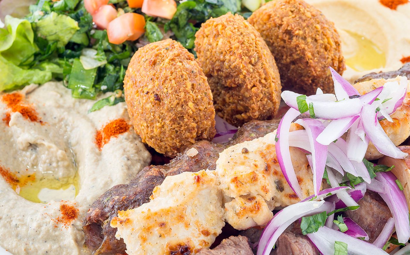 Falafel, chicken and lamb with pickled onion